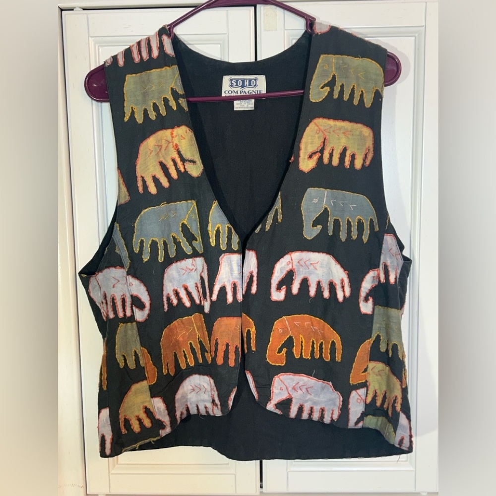 Vintage Boho Elephant Embroidered Vest Oversized Indie‎ Retro Size SMALL